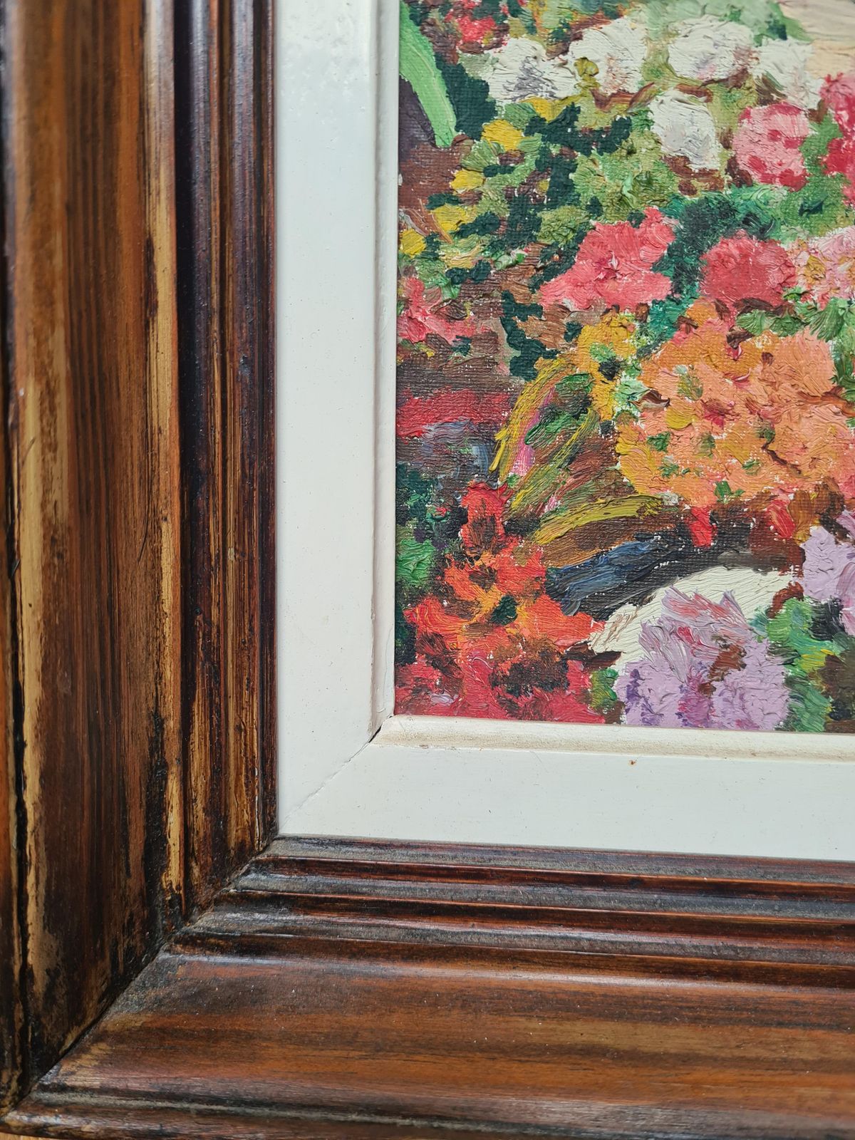 photo furniture 1960s Framed Romantic Oil Painting Of The Flower Market And Theatre De Cherbourg Byj Lietard