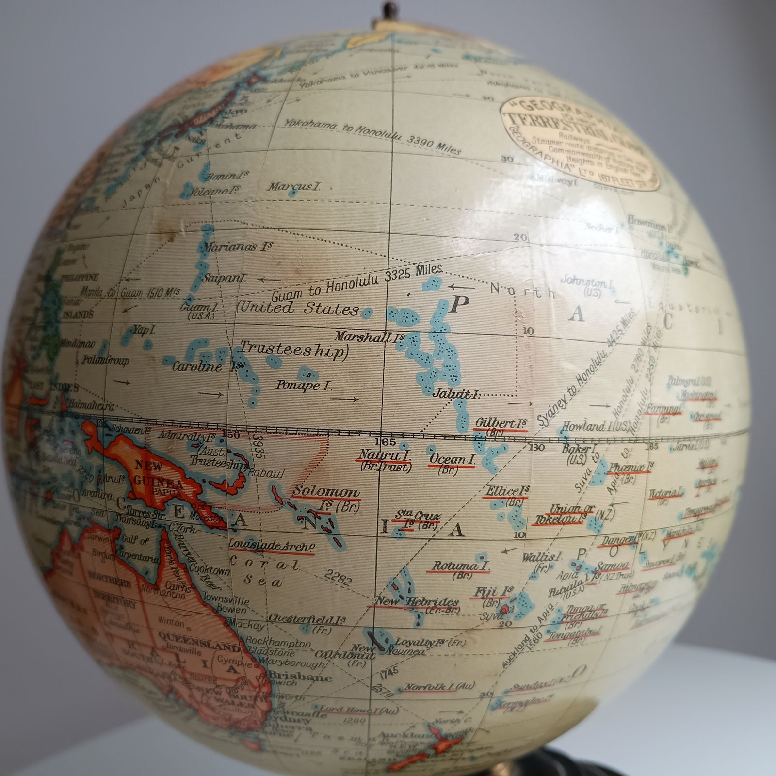 Home Decor Art Deco Geographia 1947 10 Inch Globe: Final Year Of British Raj, Bakelite Jelly Mold Base, Steamer Routes photo