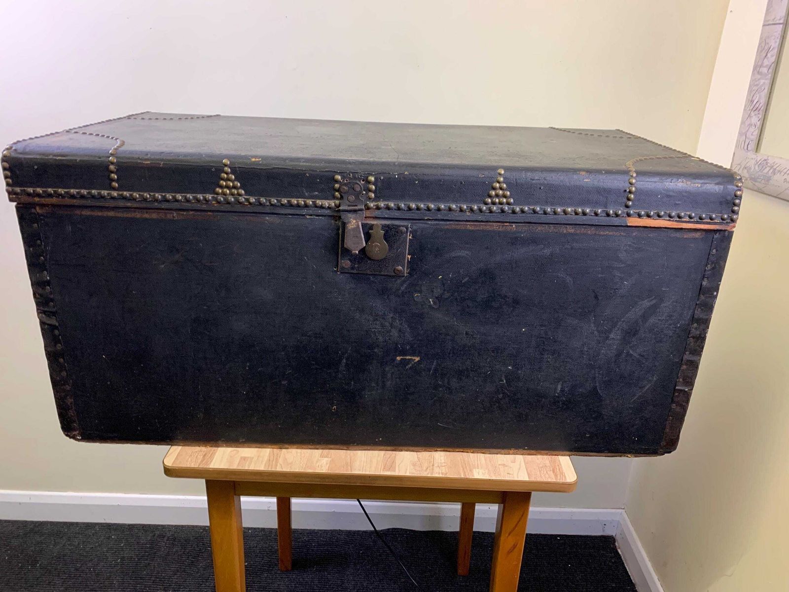 Victorian Leatherette Covered Antique Wooden Carriage Trunk With Studded Decoration
