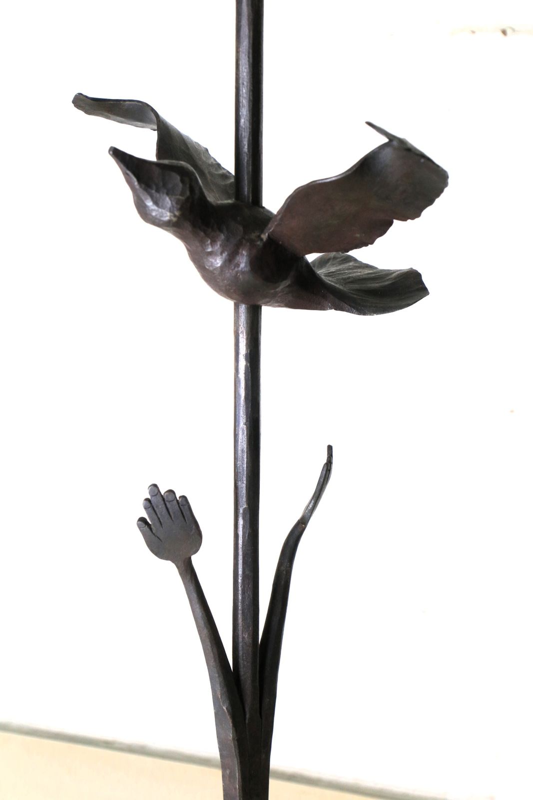 photo vinterior A Unique & Large Wrought Iron Sculptural Candlestick Featuring A Bird And Hands Freedom Beautifully Made