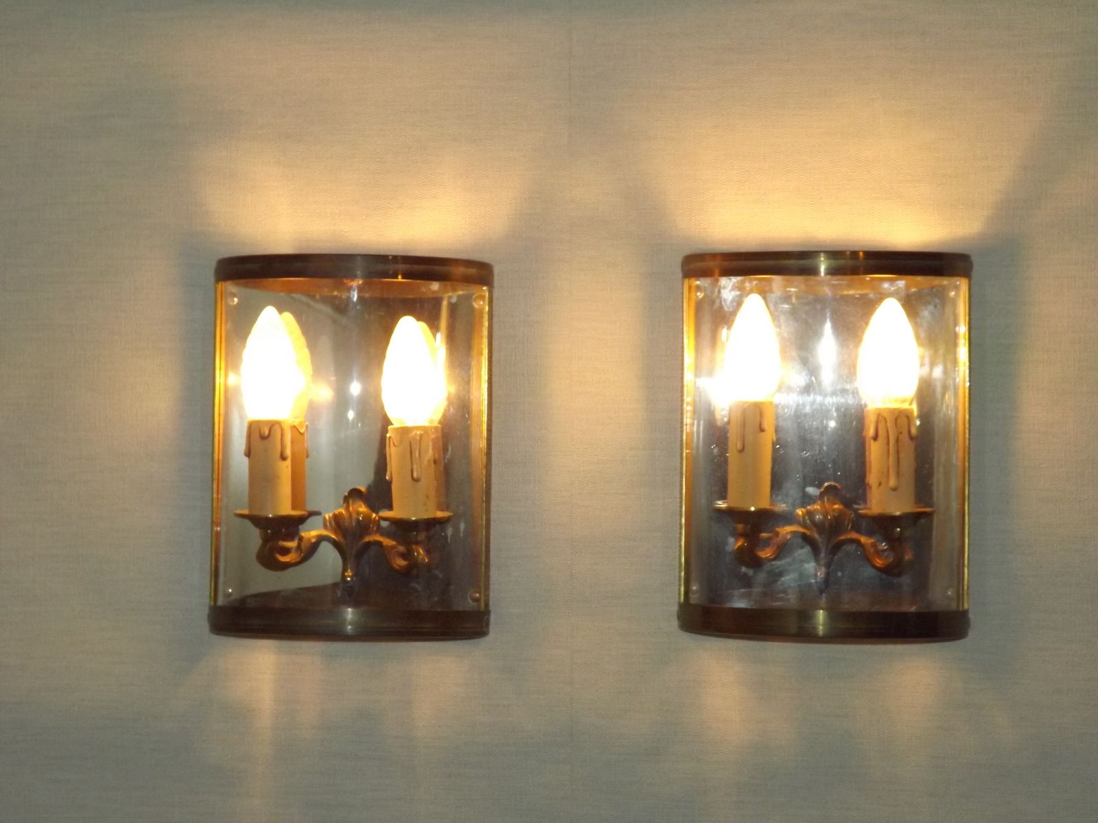 Pair Of French Mid Century Double Brass And Chrome Wall Sconces With Half Round Glass Fronts photo furniture