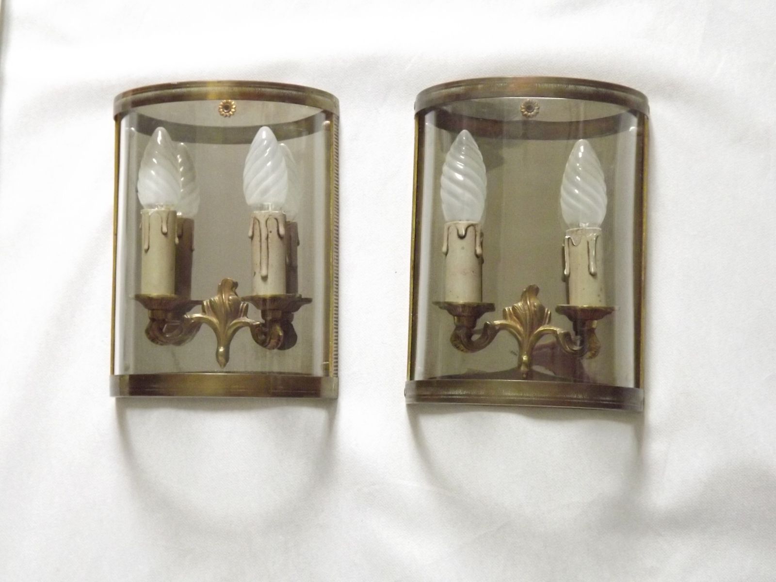 Pair Of French Mid Century Double Brass And Chrome Wall Sconces With Half Round Glass Fronts photo Lighting