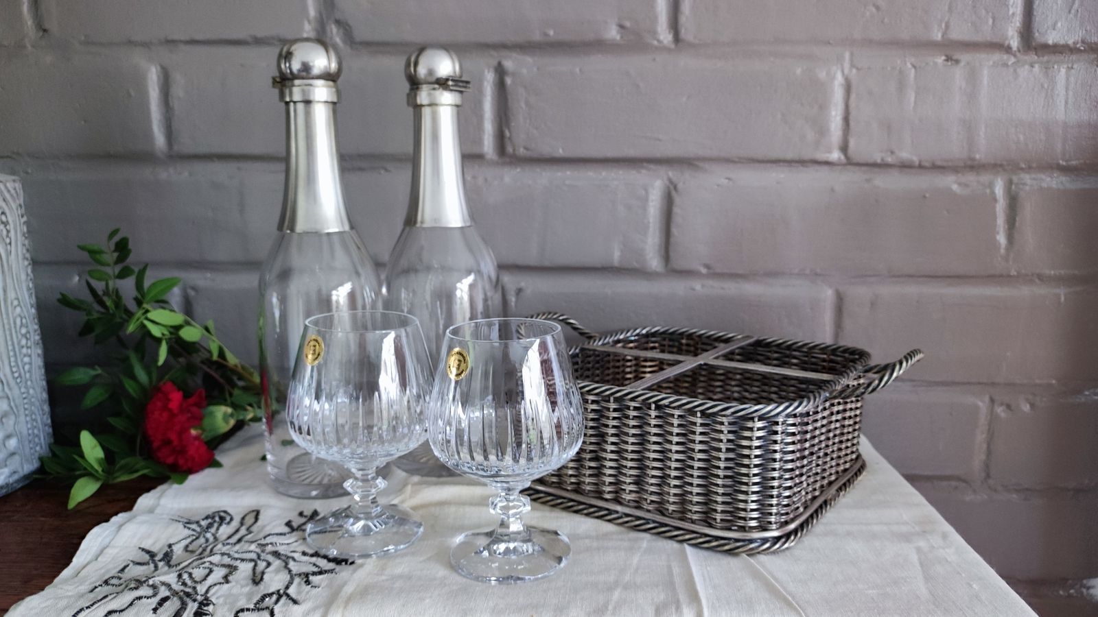 photo buy Victorian Silver Plated Decanter Set In Basket With Glasses
