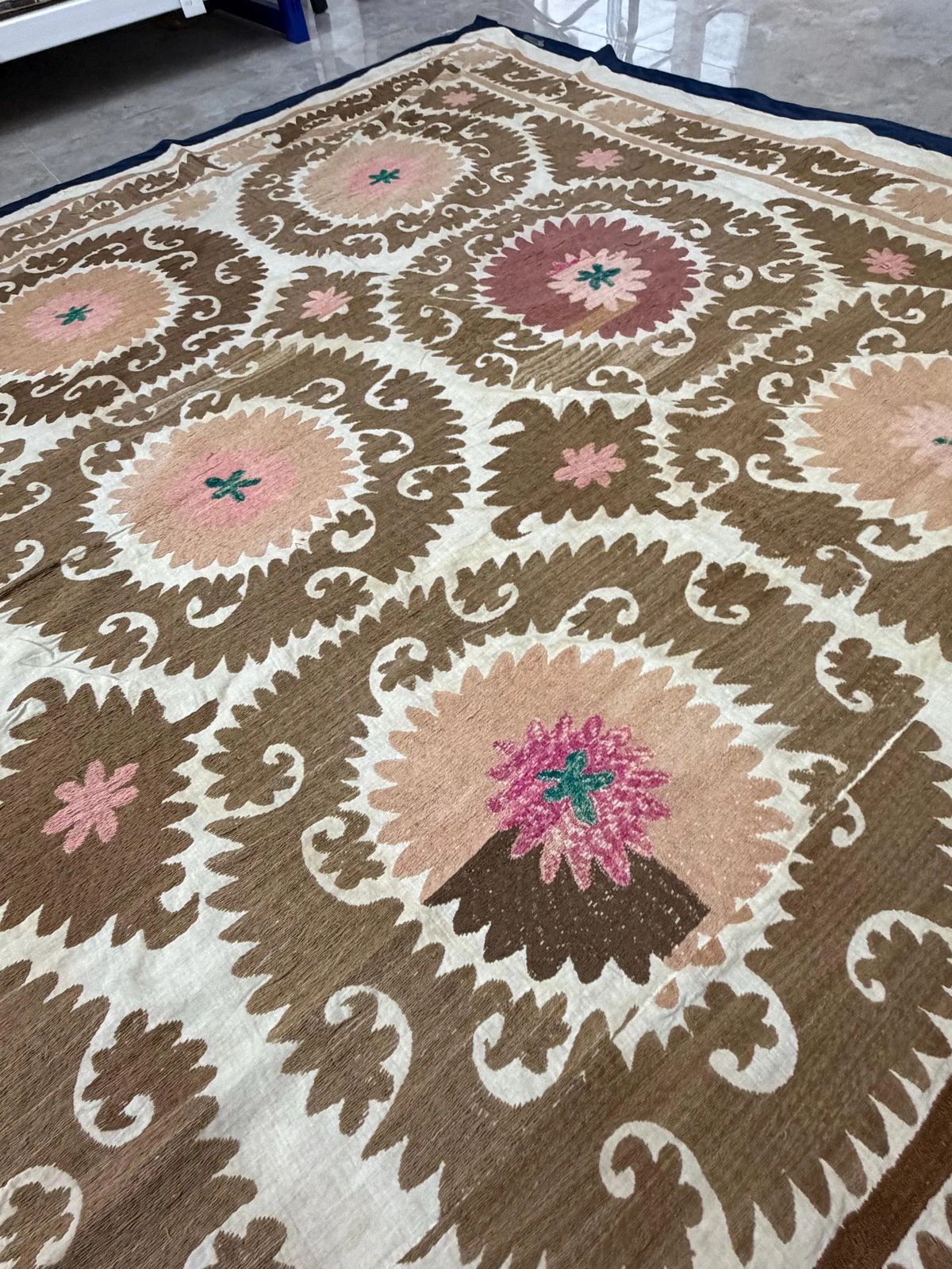 Vintage Uzbek Suzani Rug, Warm Camel Brown & Muted Rose, Hand Embroidered Textile photo furniture