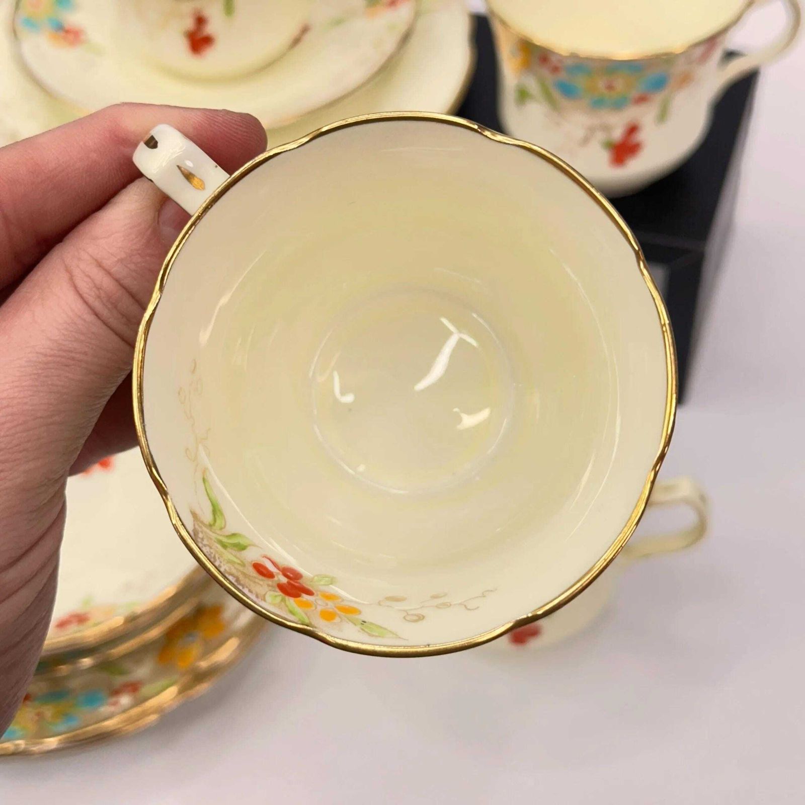 55.0 Collingwoods Bone China Tea Set 4 Trios Hand Painted Floral 7509 Vintage England photo