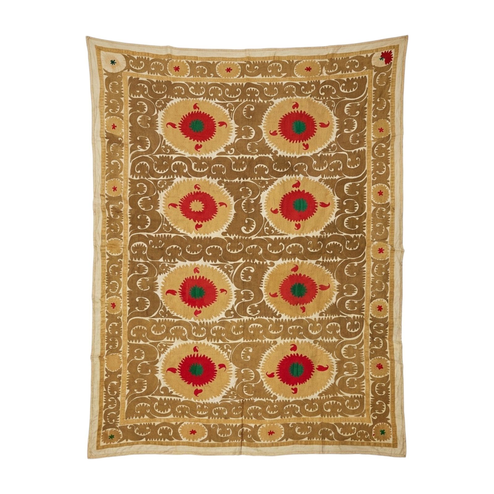 Vintage Uzbek Suzani Textile, Camel Brown, Coral Red & Emerald Green Medallions Bedspread