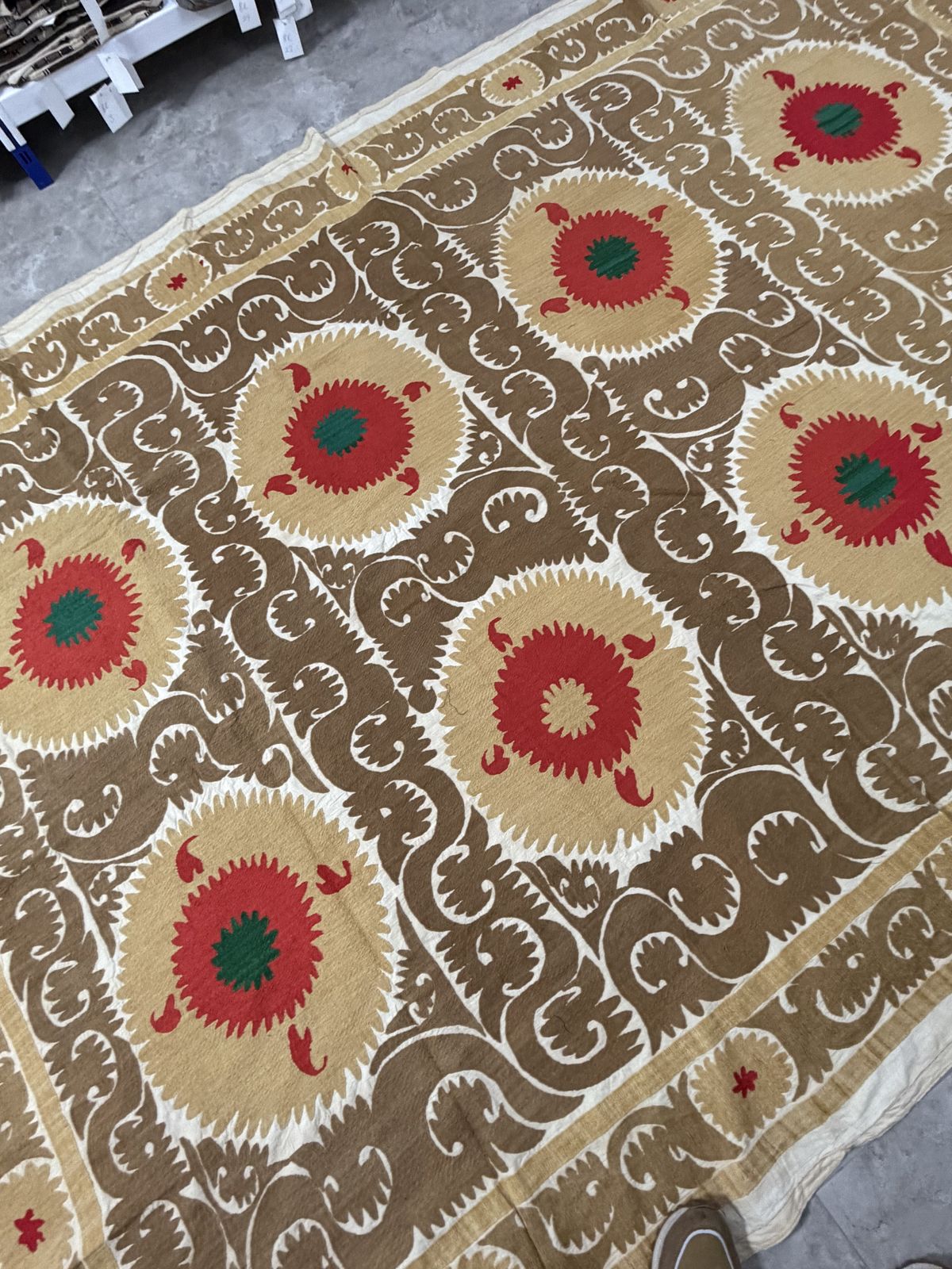 Vintage Uzbek Suzani Textile, Camel Brown, Coral Red & Emerald Green Medallions Bedspread photo vintage