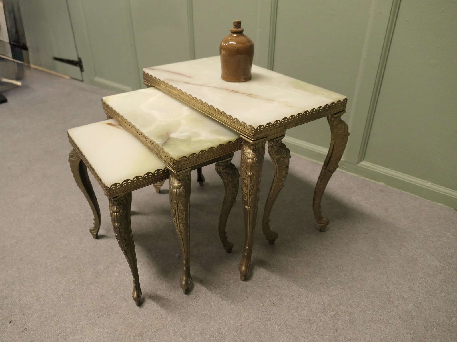 Nest Of 3 Brass And Marble Topped Tables This Is A Very Attractive Set photo for sale