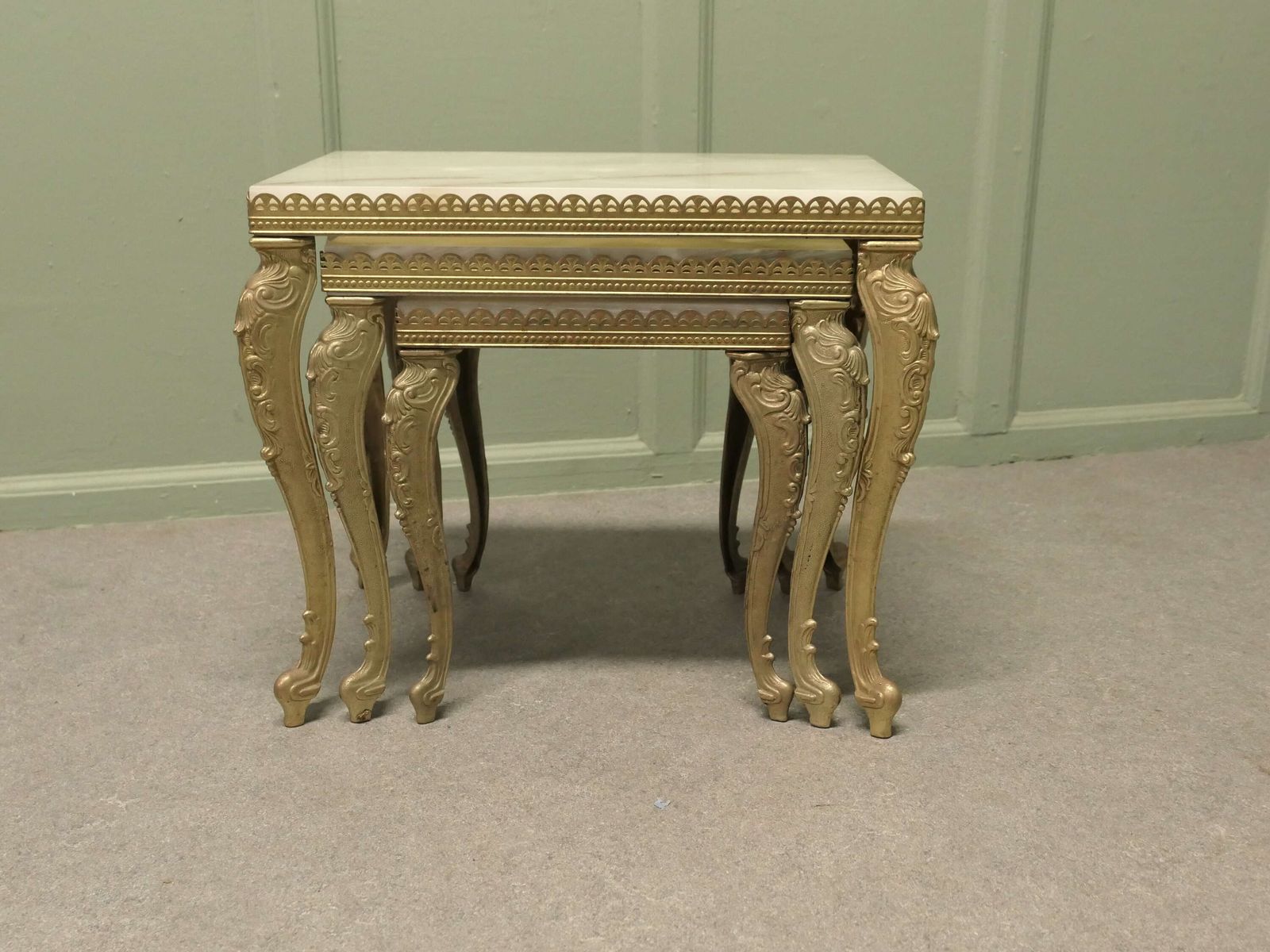 Nest Of 3 Brass And Marble Topped Tables This Is A Very Attractive Set photo vinterior