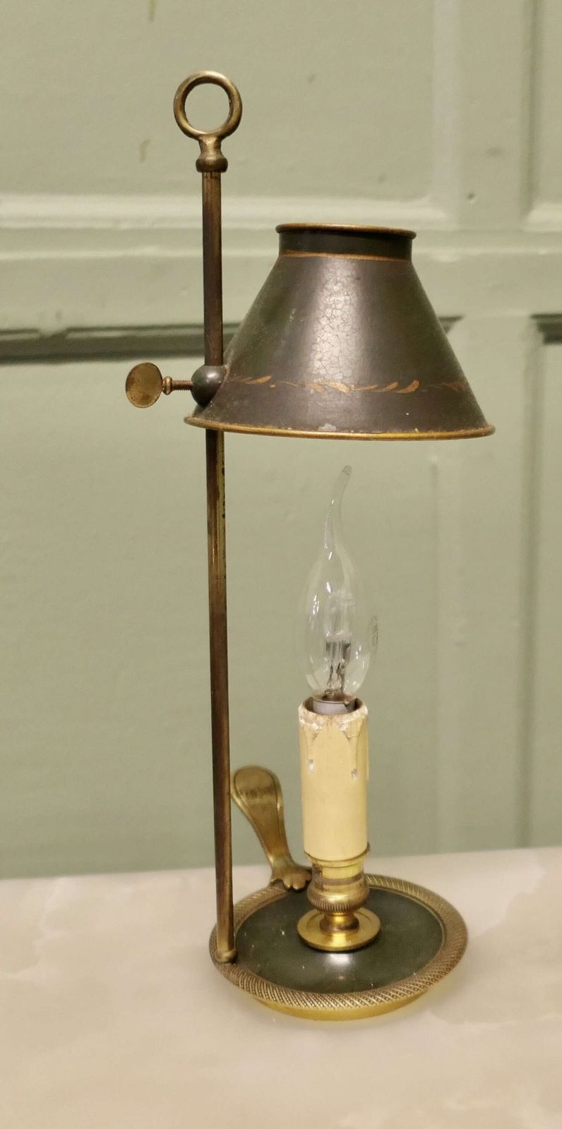 French Green And Gold Toleware And Brass Candle Lamp A Lovely Piece photo vinterior