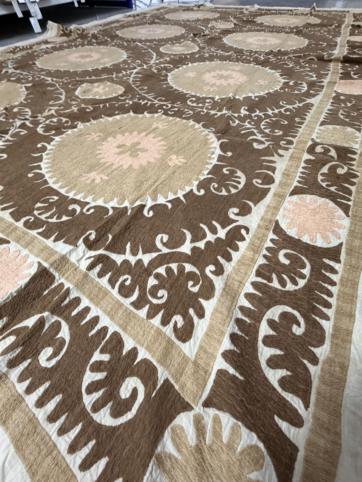 photo furniture Large Cotton Suzani From Samarkand Uzbekistan, 1930s Suzani Terracotta Wall Hanging Tapestry   Neutral Uzbek Bedspread