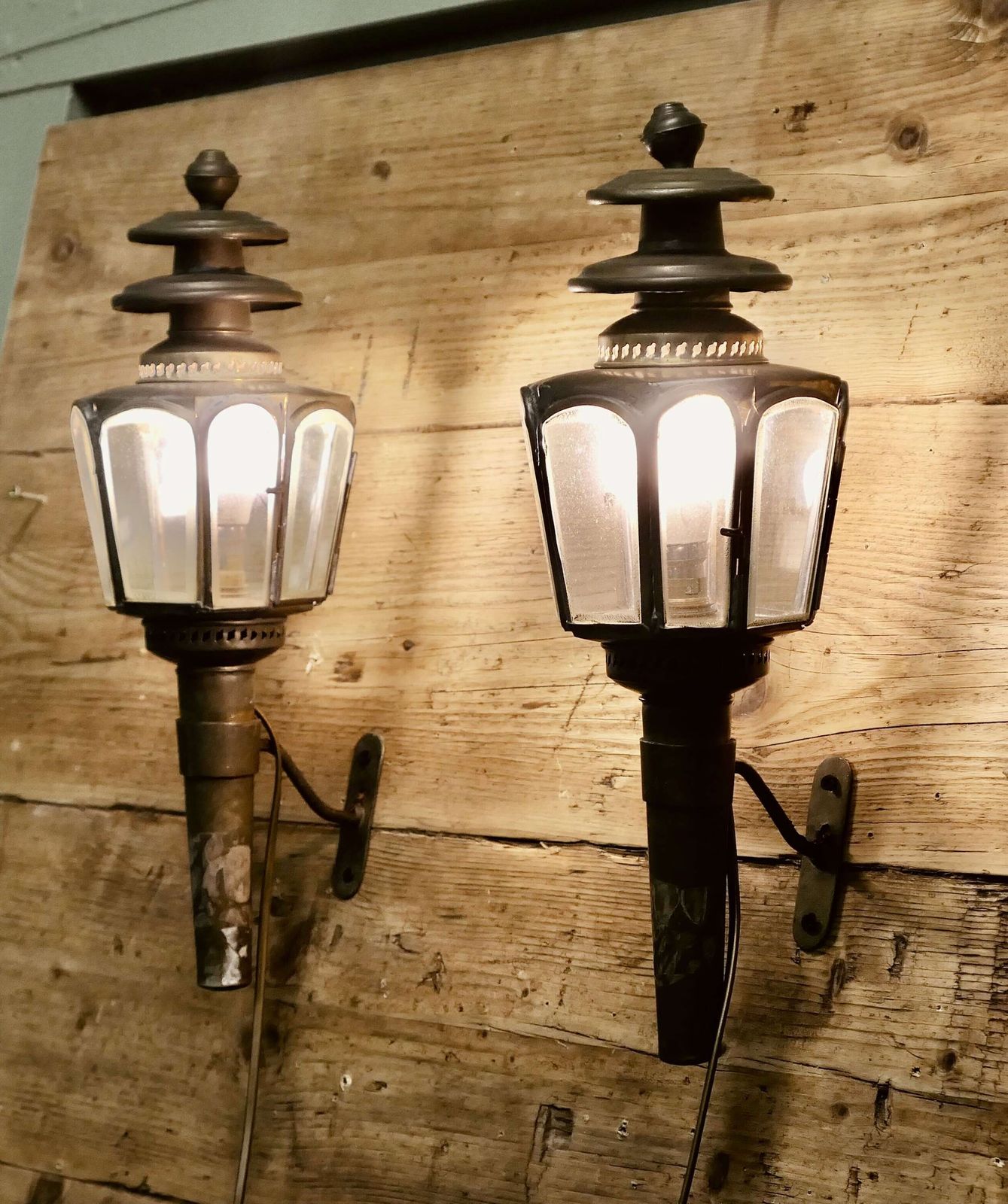 A Pair Of French Brass Carriage Lamps, Wall Lanterns An Original Pair photo for sale