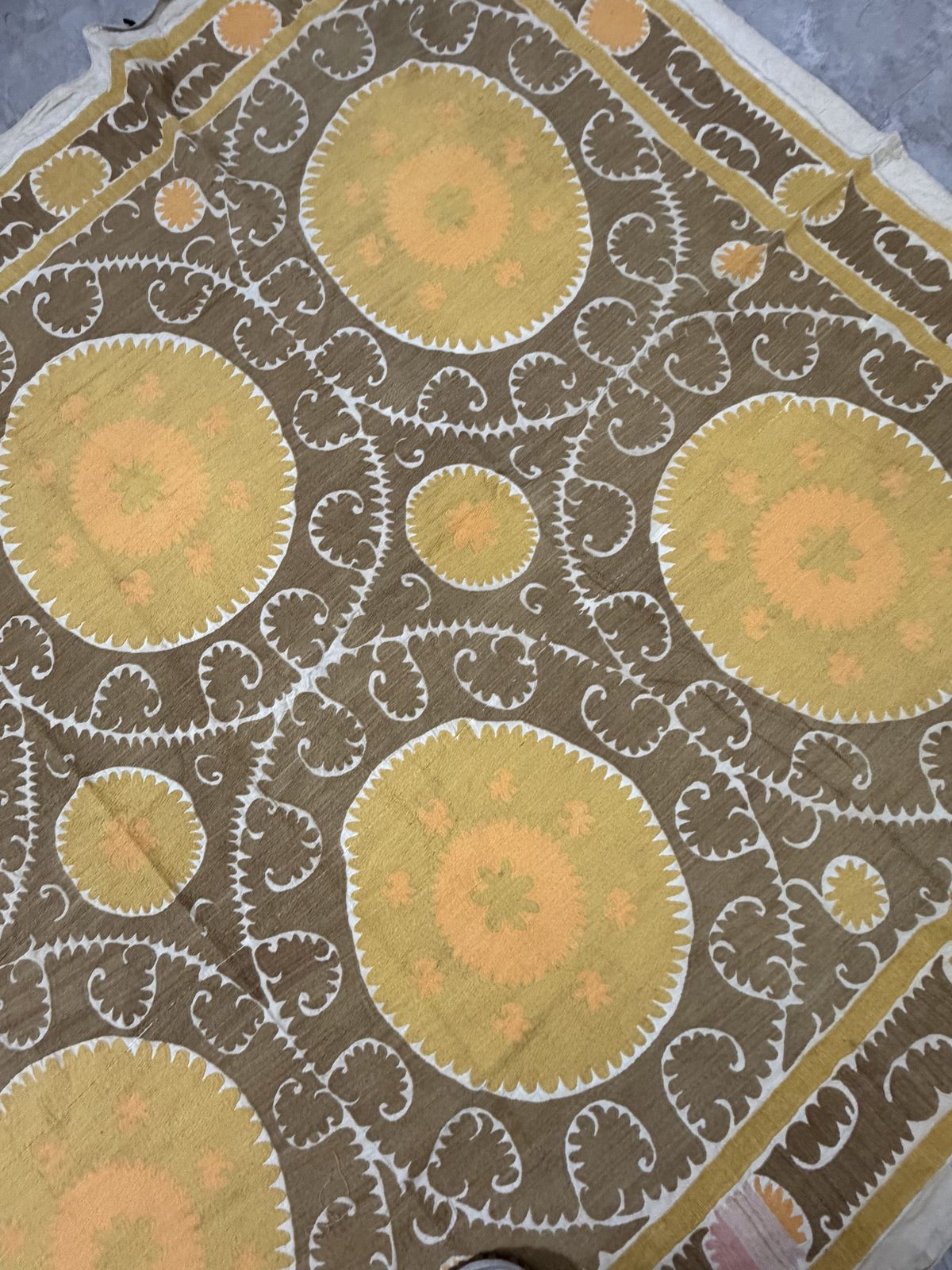 Decorative Suzani Embroidery | Mustard Brown Living Room Wall Hanging 6'11'' X 10'3'' photo vintage