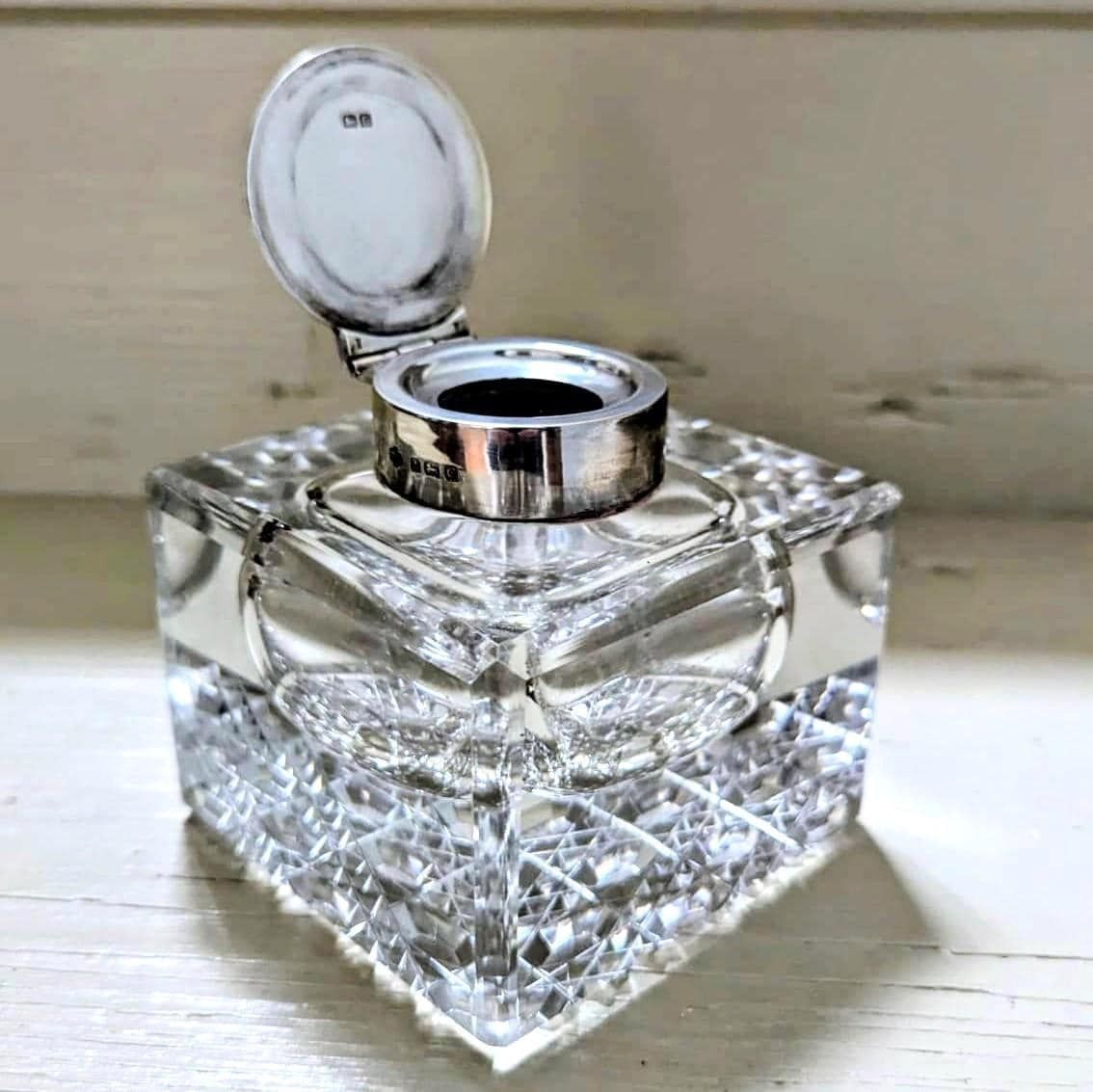 Large Antique Cut Glass Inkwell With Silver Hinged Lid, Hallmarked 1927 photo for sale