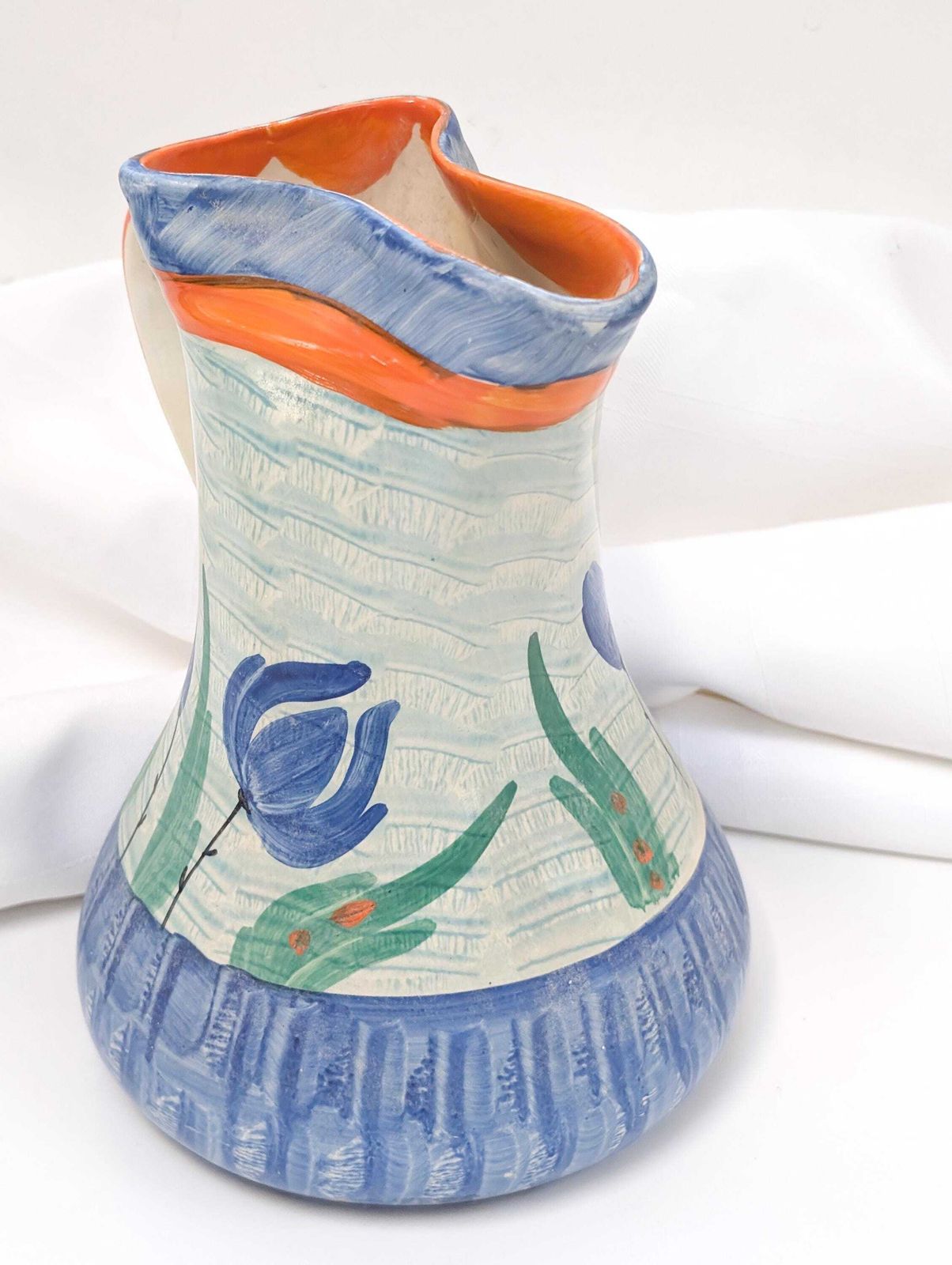 1930’s Hand Painted Pinch Neck Jug, Pitcher Or Vase In Blue Tulip Design, Made By The Myott Pottery Of Stoke On Trent, England. photo 55.0
