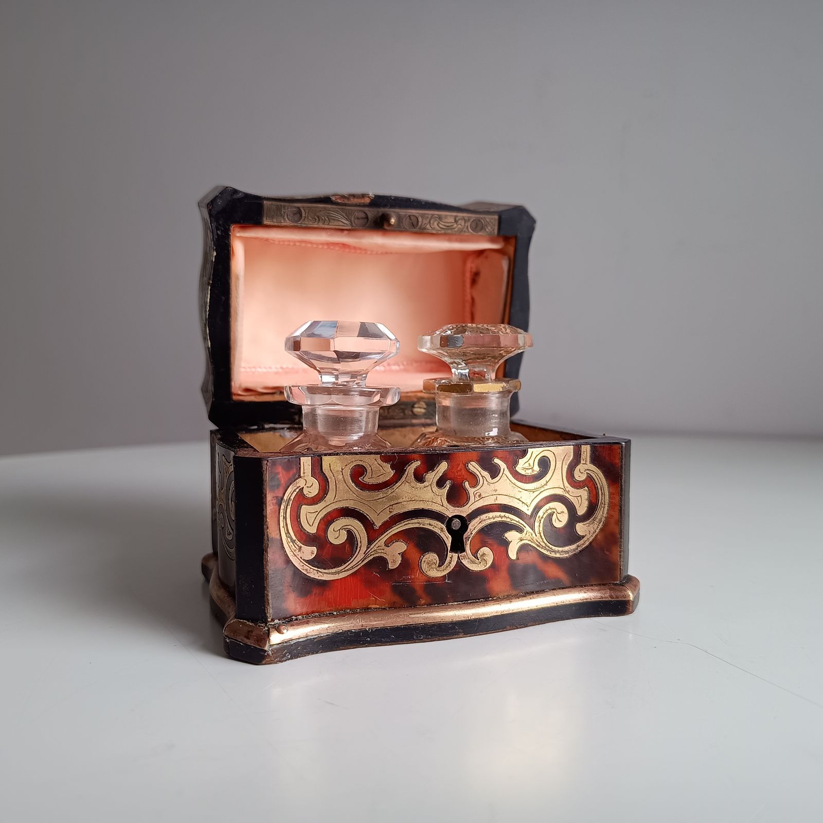 Antique French Palais Royale Perfume Bottle Casket: Boulle Style, Baccarat, France 19th Cent