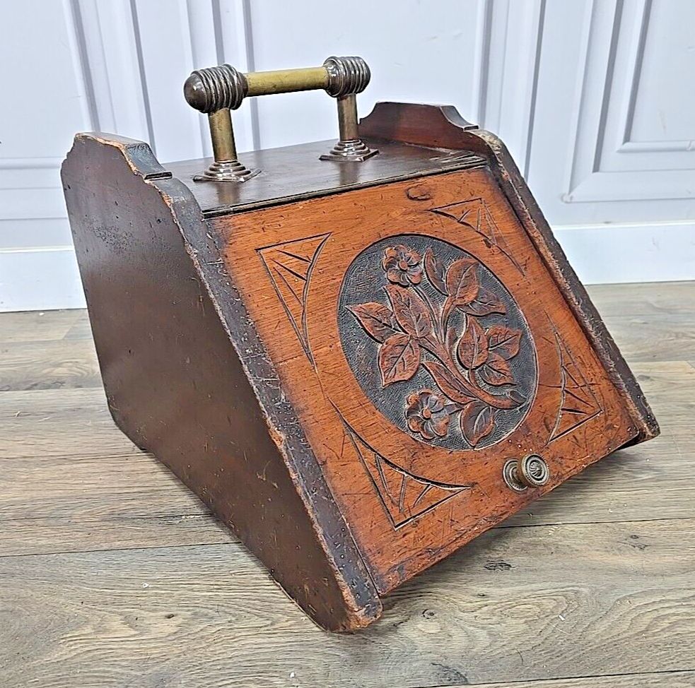 Antique Edwardian Coal Scuttle Box Wooden Fireside Carved Storage Brass Retro