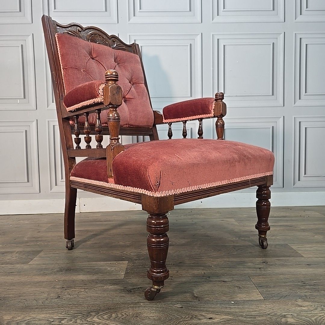 Antique Upholstered Armchair – Carved Mahogany Frame – Velvet Chair Edwardian photo furniture
