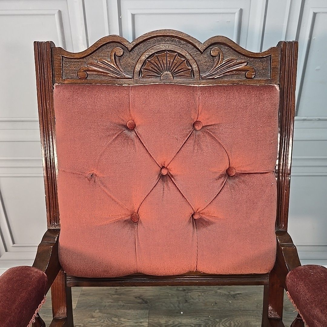 Antique Upholstered Armchair – Carved Mahogany Frame – Velvet Chair Edwardian photo 240.0