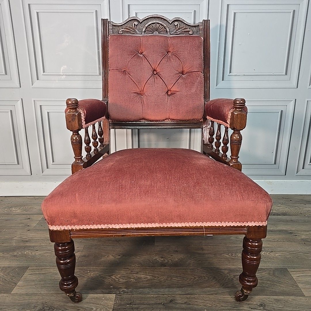 Furniture Antique Upholstered Armchair – Carved Mahogany Frame – Velvet Chair Edwardian photo