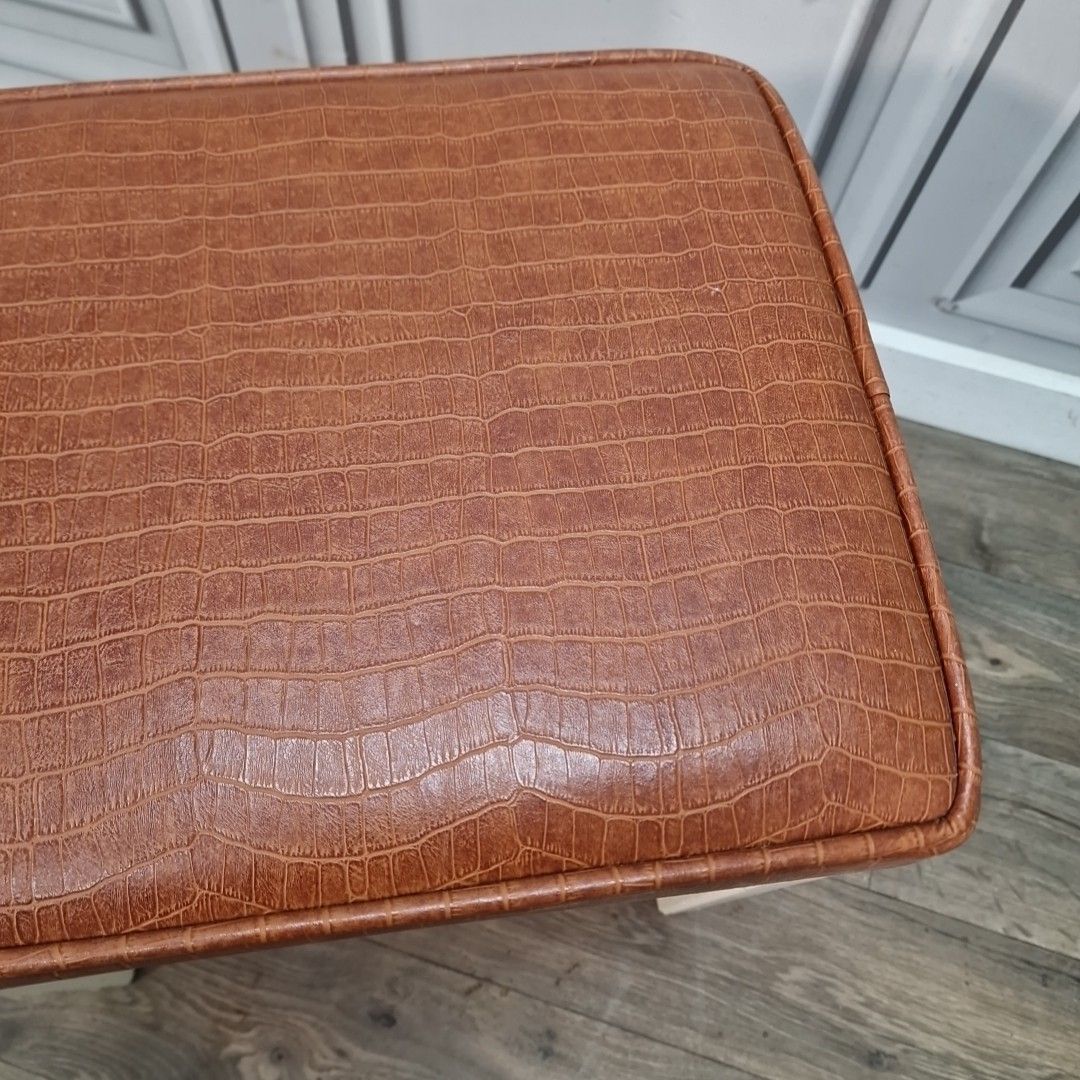 Retro Vintage Stool Tan Croc Effect Faux Leather – Wooden Frame – Mid Century photo Furniture