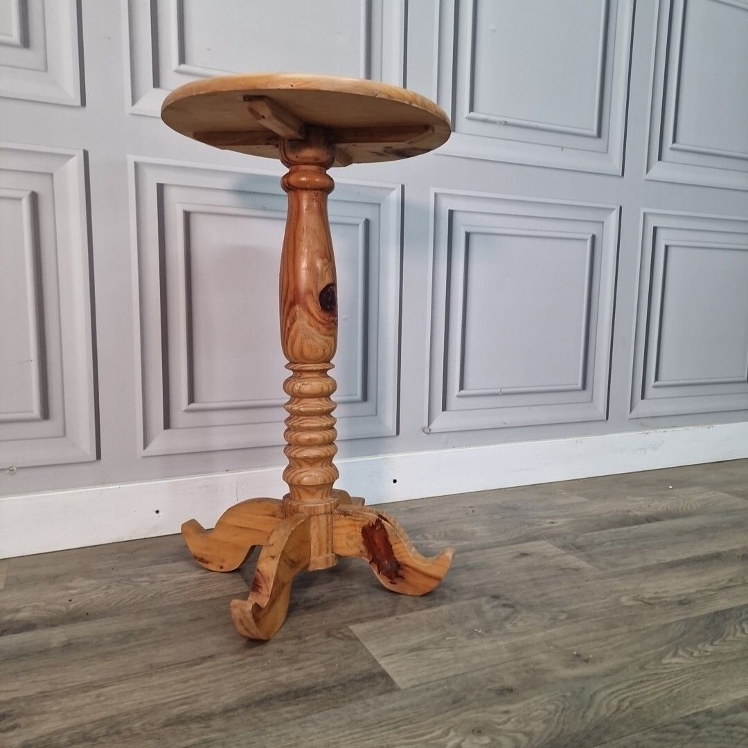 Vintage Side Wine Table Solid Wooden Round Rustic Ring Twist Pedestal Occasional photo for sale