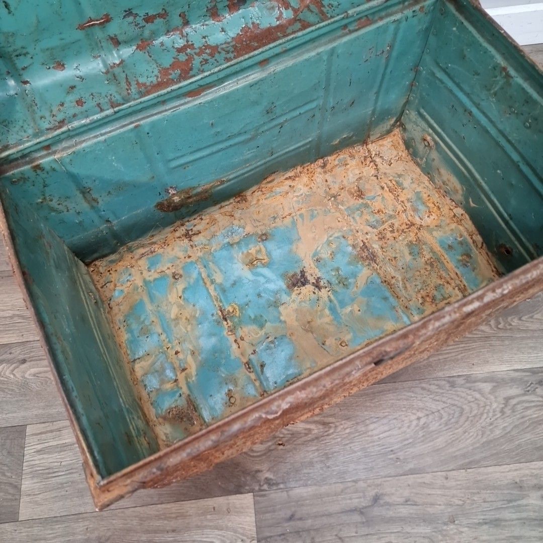 60.0 Antique Metal Trunk – Rustic Industrial Chest – Distressed Storage / Planter photo