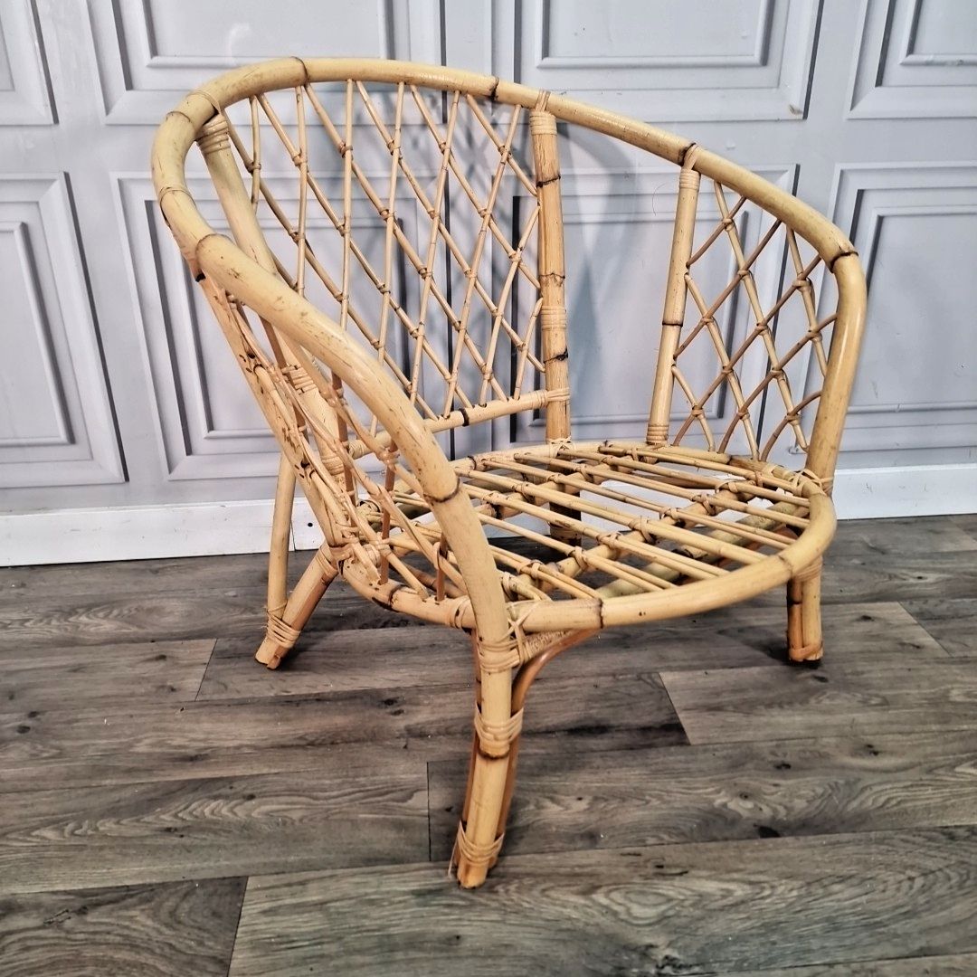 Retro Vintage Rattan Chair Bamboo Tub Mid Century Armchair Seat Boho Tiki