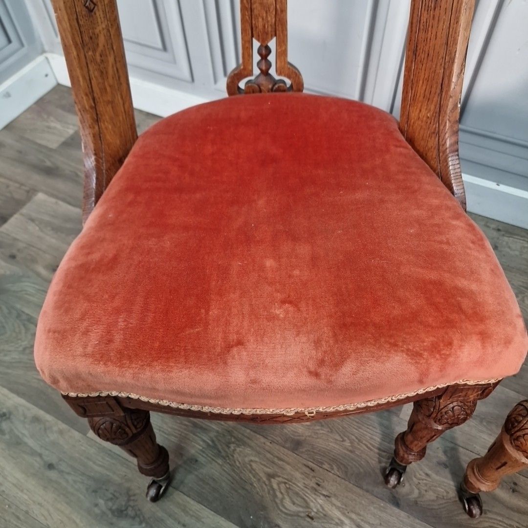 Pair Antique Oak Chairs – Carved Gothic Revival – Solid Wood Velvet Dining Hall photo for sale