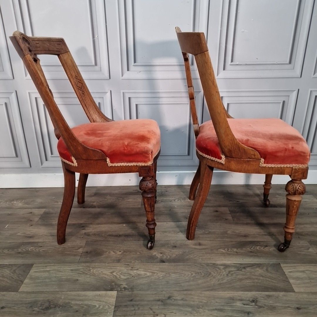 260.0 Pair Antique Oak Chairs – Carved Gothic Revival – Solid Wood Velvet Dining Hall photo