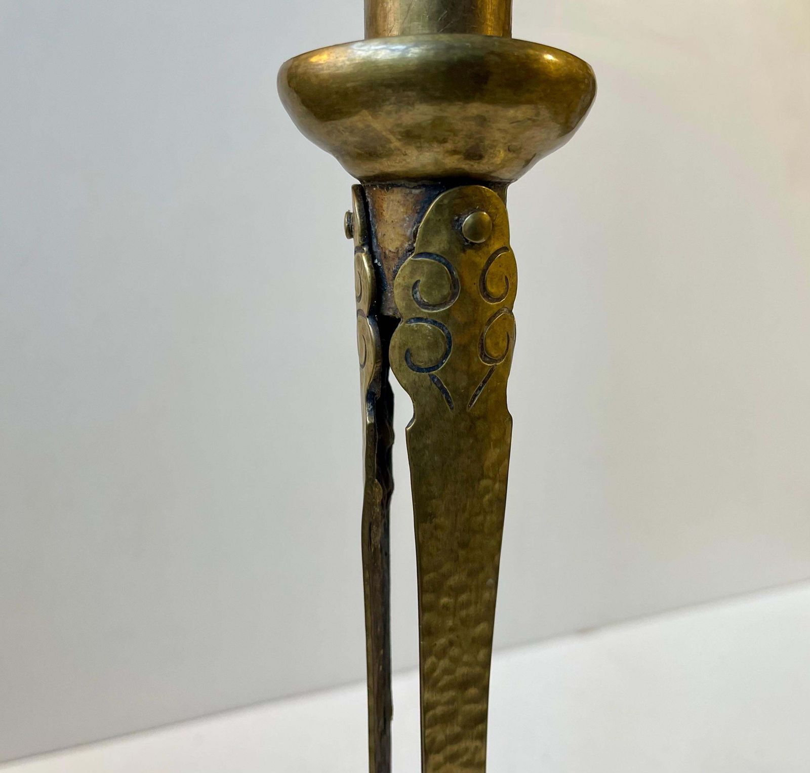 Tall Antique Tri Stand Art Nouveau Candleholders W. Engraved Brass Leaves, 1900s photo vintage
