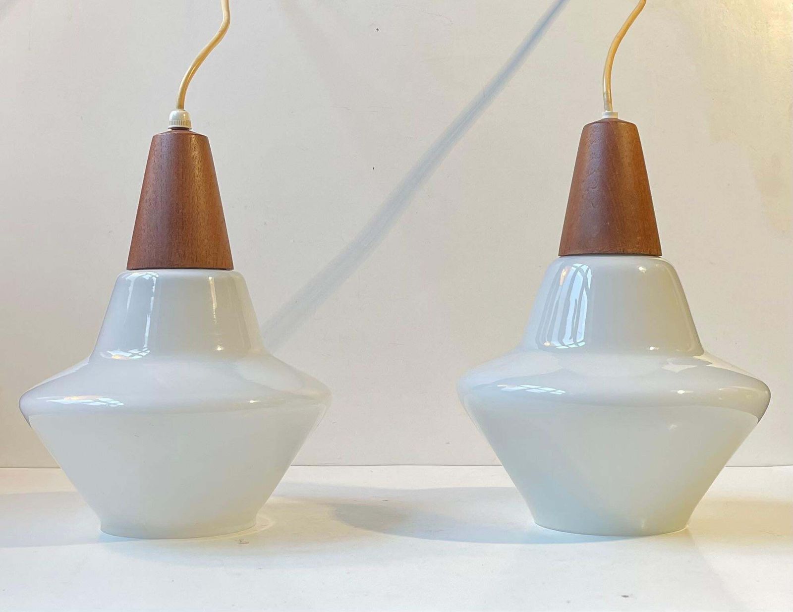 Danish Modern White Opaline Glass & Teak Pendant Lamps By Holmegaard, 1960s photo furniture
