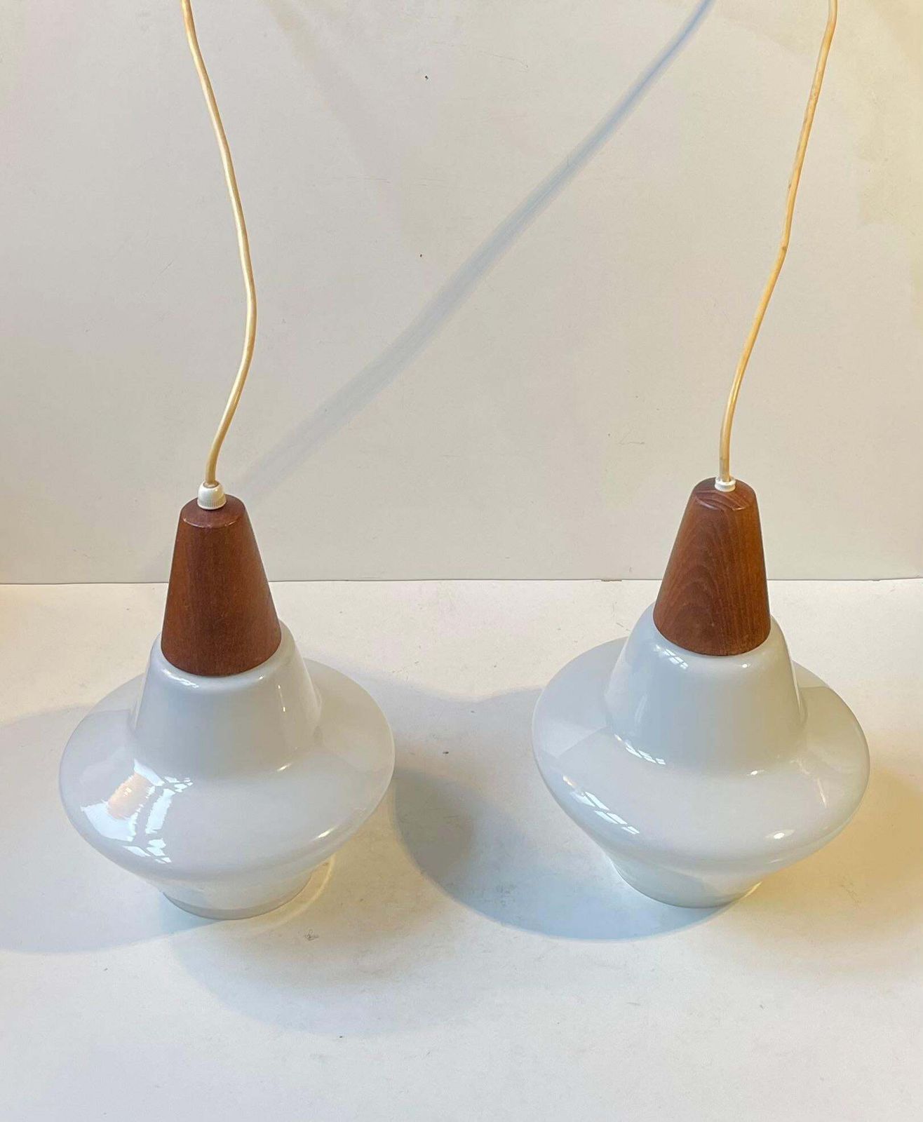 Danish Modern White Opaline Glass & Teak Pendant Lamps By Holmegaard, 1960s photo 777.0