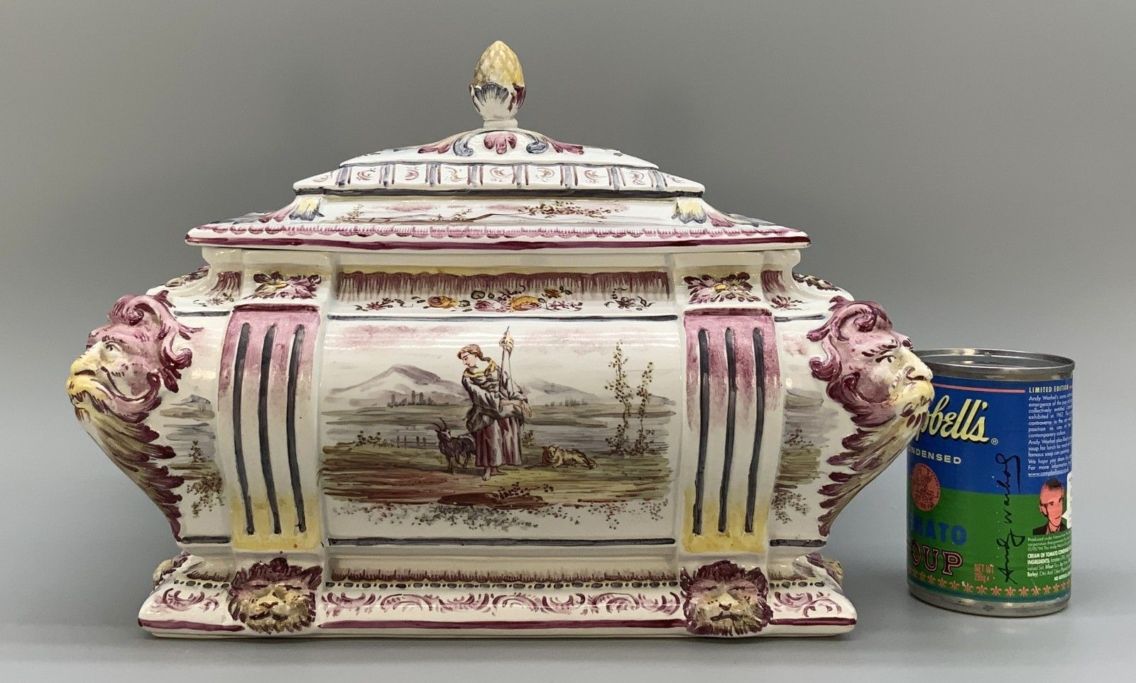 Faience Tureen Large French Antique Pottery Classical Soup Dish Delft Manganese photo for sale