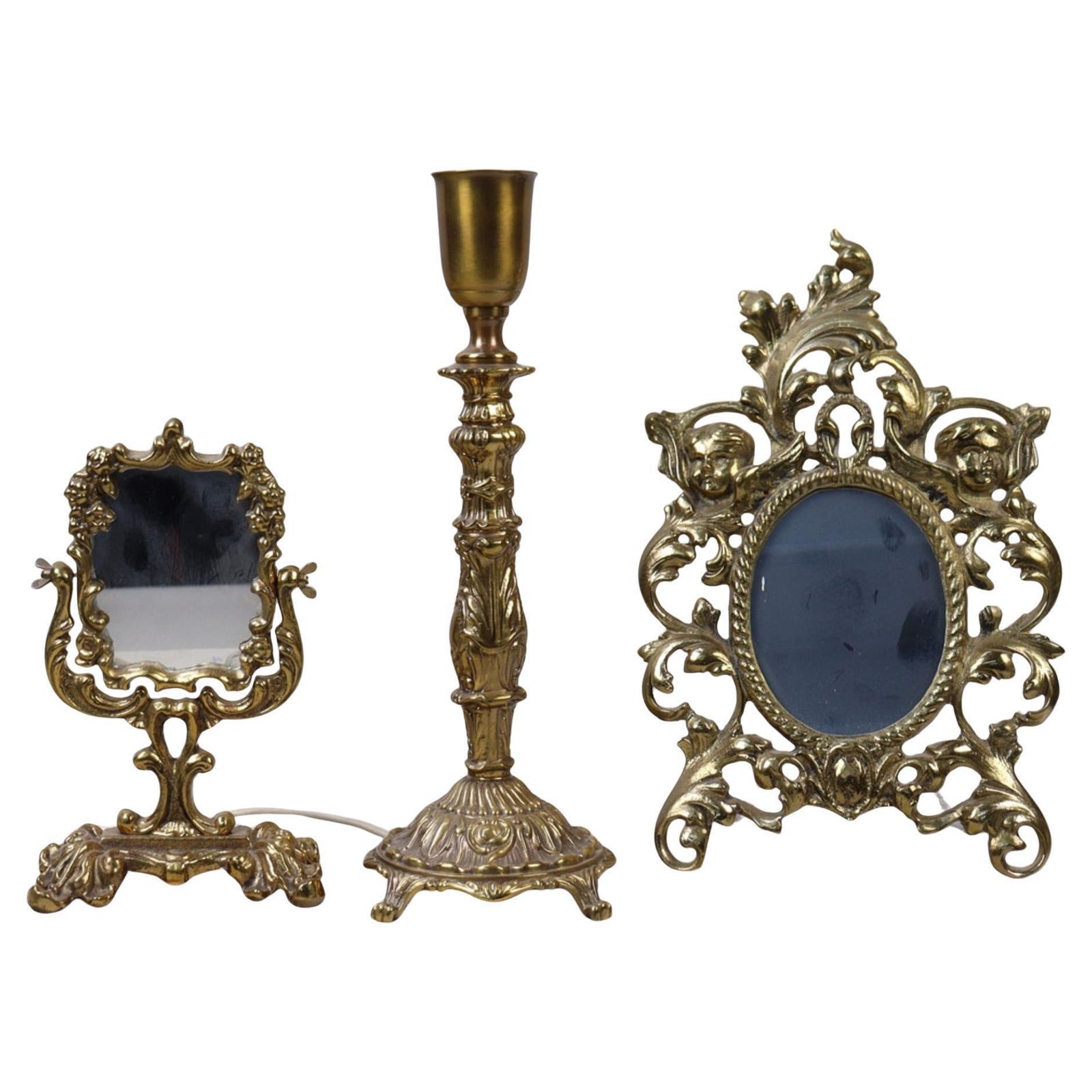 Rococo Style Gilt Metal Table Mirrors And Candlestick And Picture Frame Set Of 3