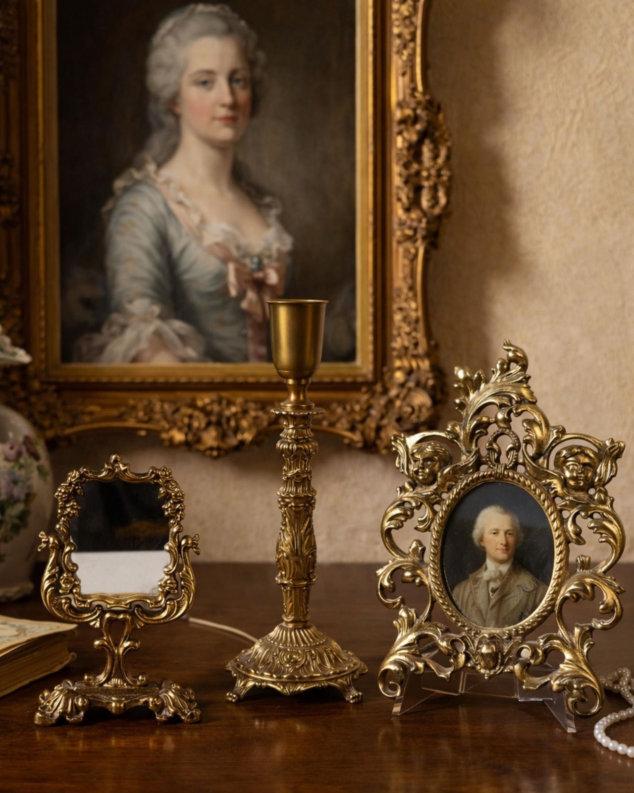 Rococo Style Gilt Metal Table Mirrors And Candlestick And Picture Frame Set Of 3 photo furniture