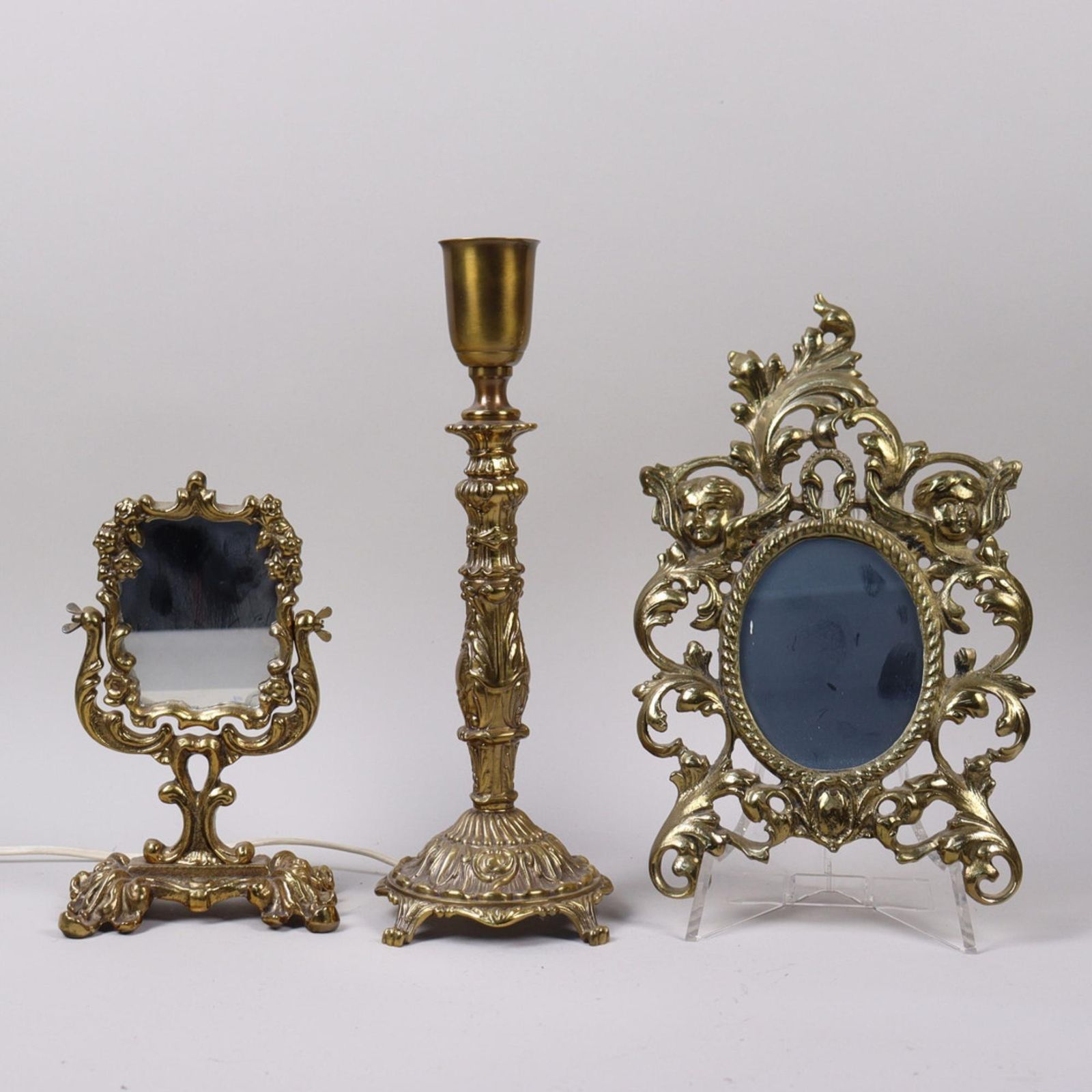 Rococo Style Gilt Metal Table Mirrors And Candlestick And Picture Frame Set Of 3 photo vinterior