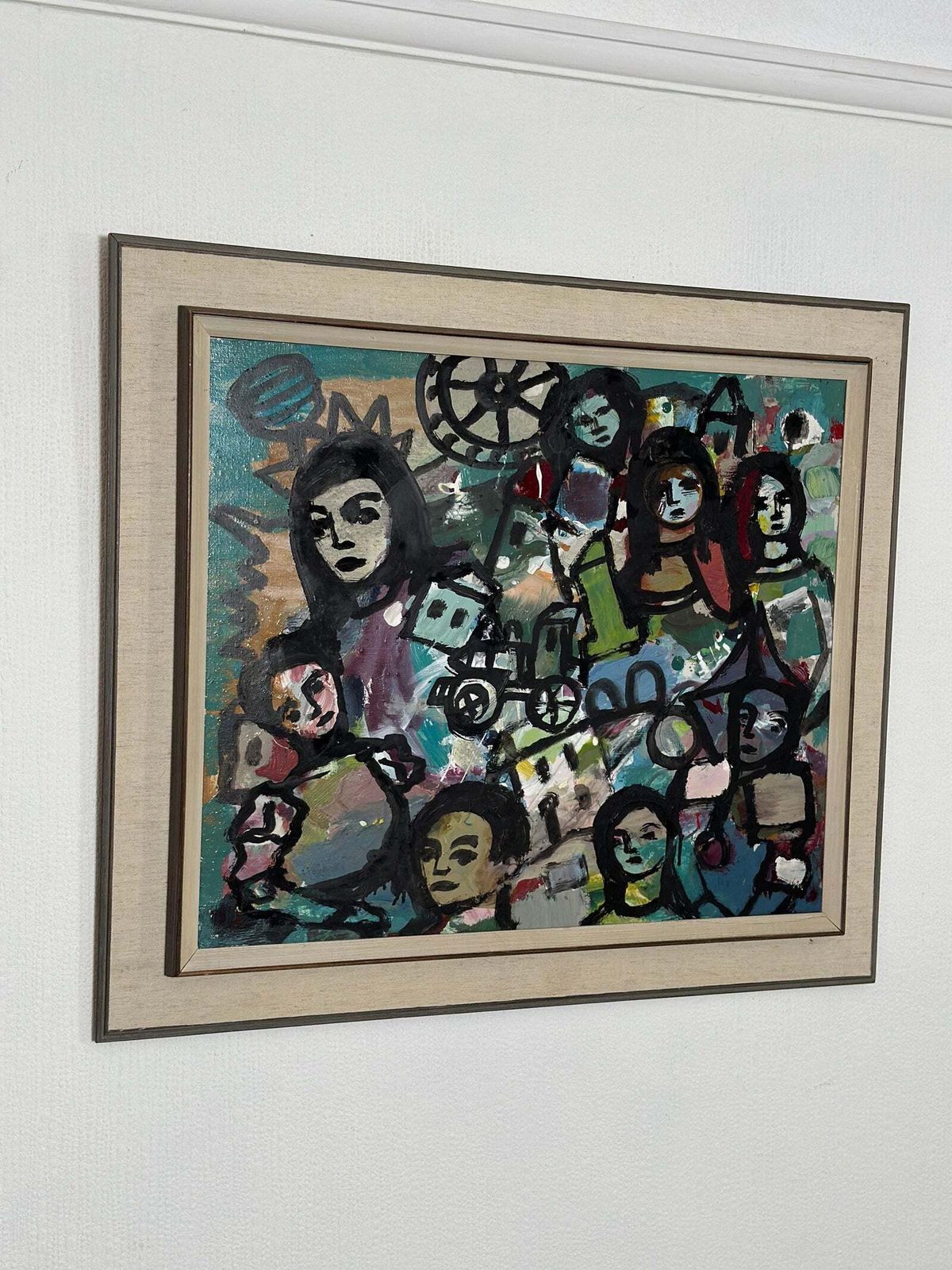 photo vintage Original Swedish Oil On Panel – “Collective With Youthful Face” By Erik Heinertz – Vintage & Framed – 60 × 69 Cm (23.6" × 27.2")