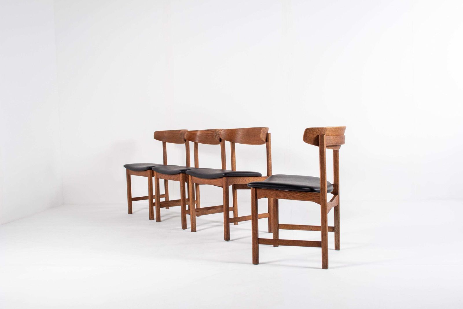 Set Of 4 Danish Oak Dining Chairs, Newly Upholstered In Black Skai, 1960s photo for sale