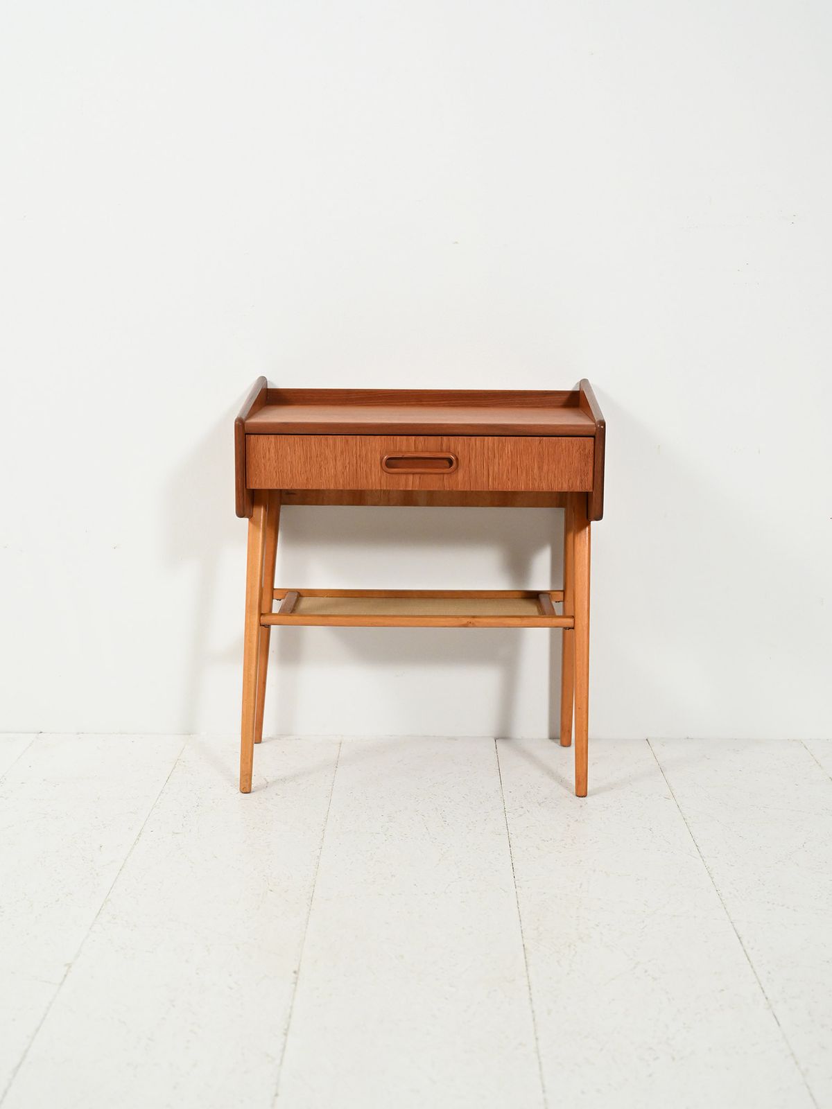 Scandinavian Bedside Table With Fabric Shelf photo furniture