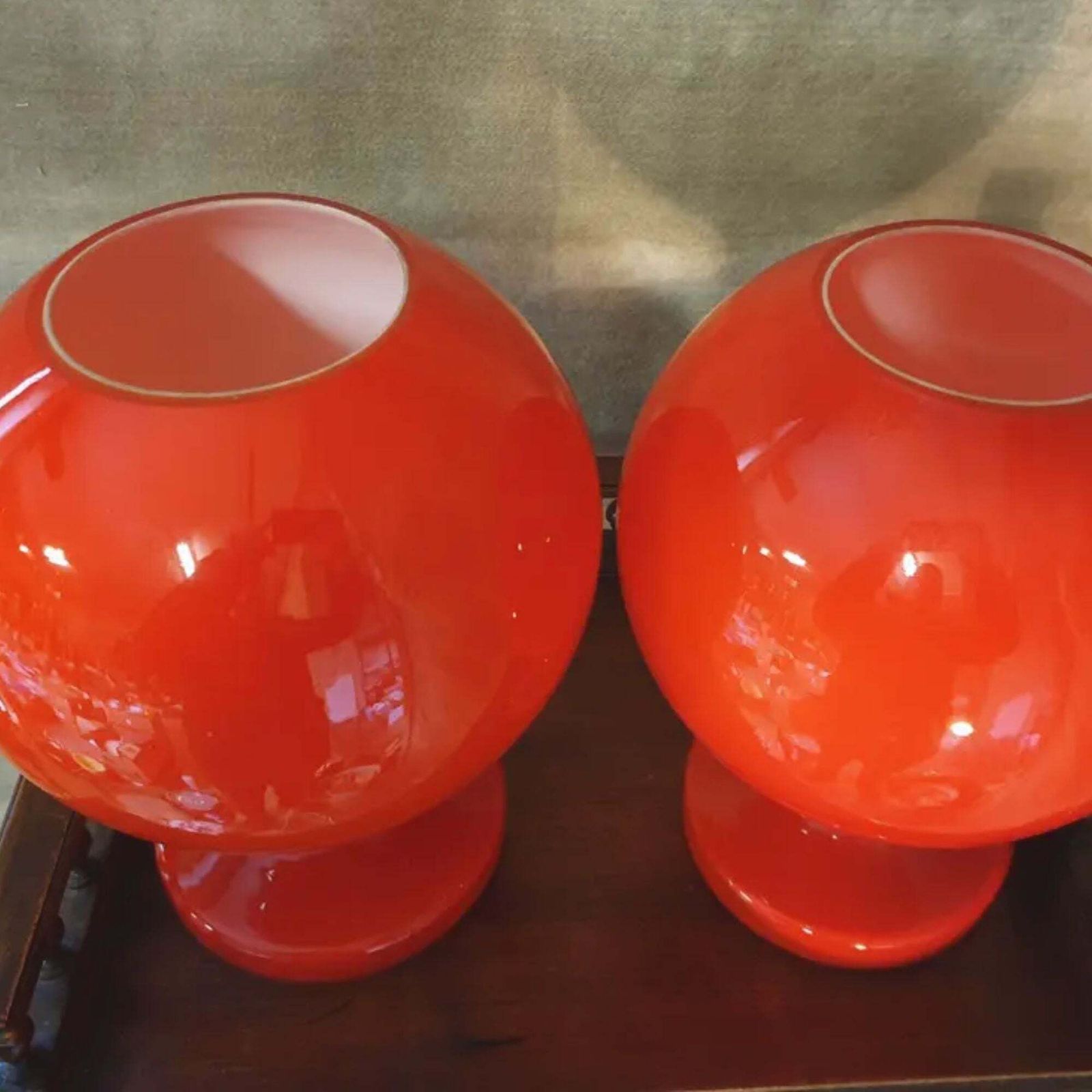Pair Of Red Opaline Glass Table Lamps For Jihlava, Czechoslovakia, 1960s photo vinterior