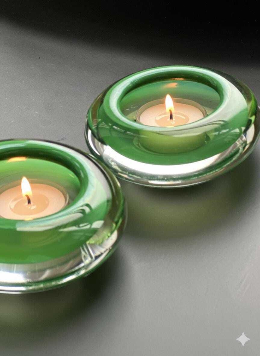Hanne Dreutler Studio åhus 2000 Signed Swedish Studio Glass Votive Holders. Clear Cased Glass With Emerald Core, Sculptural Modern Design. photo furniture