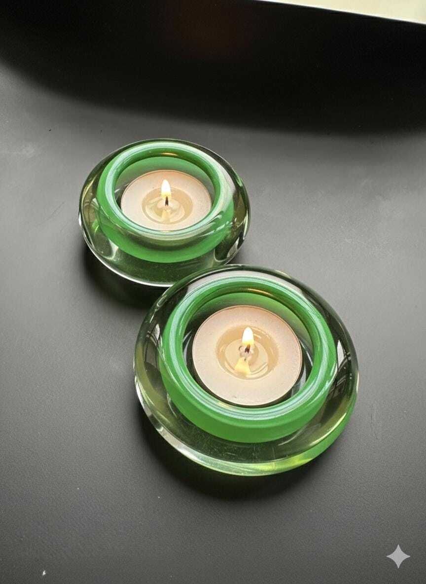 Hanne Dreutler Studio åhus 2000 Signed Swedish Studio Glass Votive Holders. Clear Cased Glass With Emerald Core, Sculptural Modern Design. photo vintage
