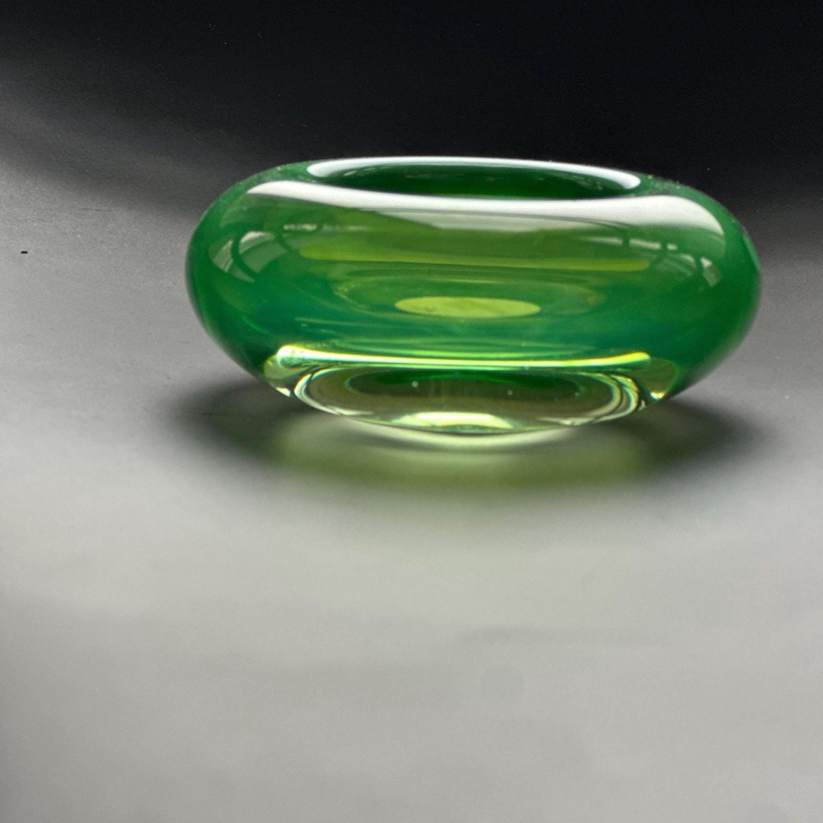 photo for sale Hanne Dreutler Studio åhus 2000 Signed Swedish Studio Glass Votive Holders. Clear Cased Glass With Emerald Core, Sculptural Modern Design.