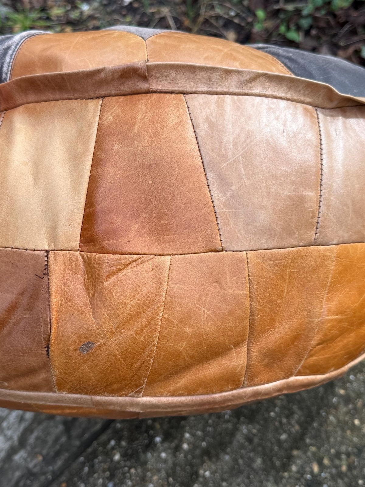 Vintage 1970s Large Moroccan Patchwork Leather Pouffe Ottoman Footstool photo vintage