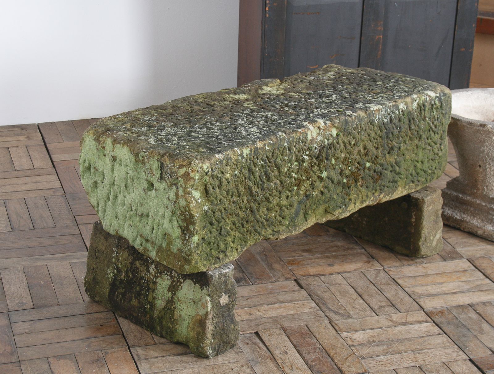 Reclaimed Carved Stone Sandstone Garden Bench Seat With Weathered Patina