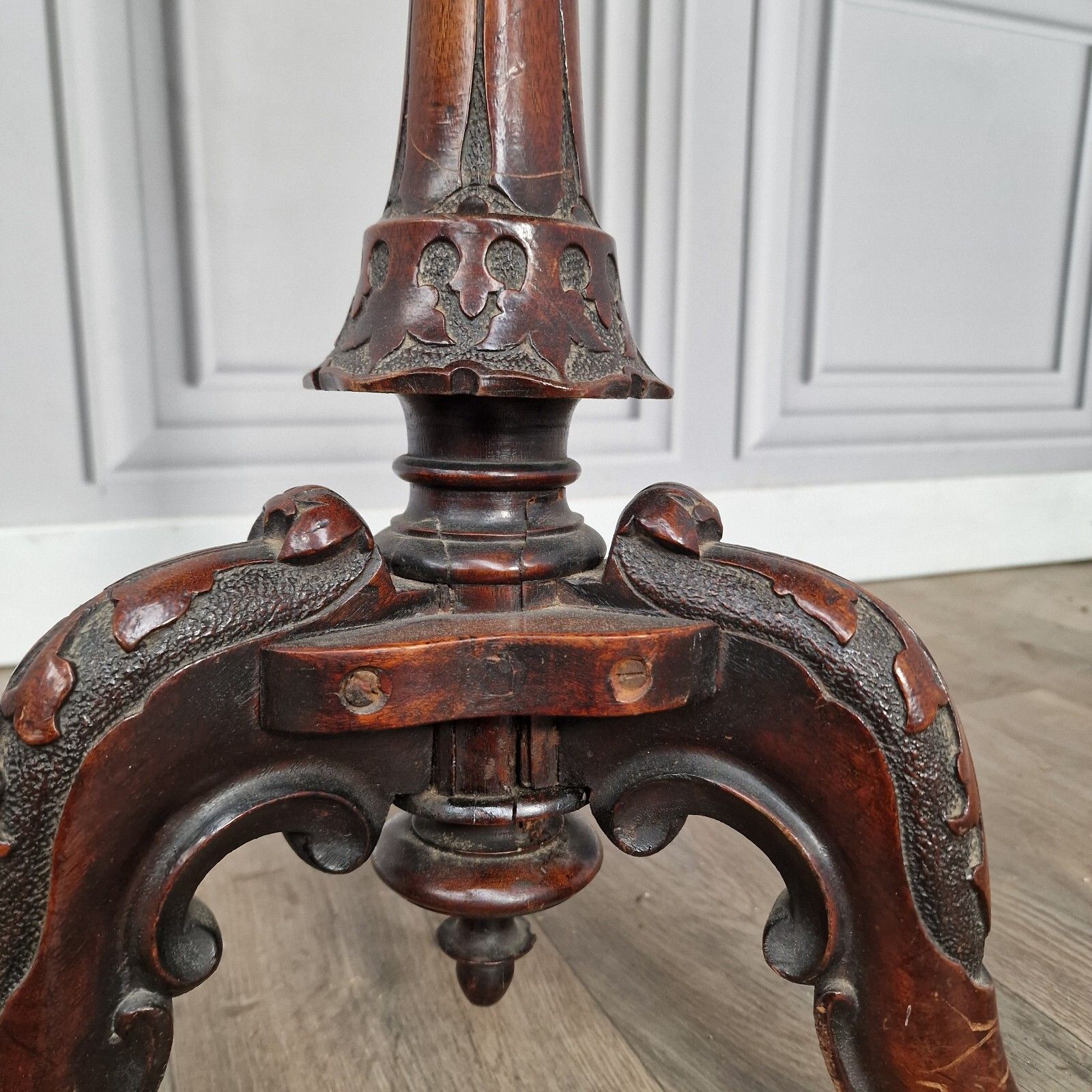 Antique Wooden Wine Table Turned Carved Decorative Inlaid Pedestal Leg photo Furniture