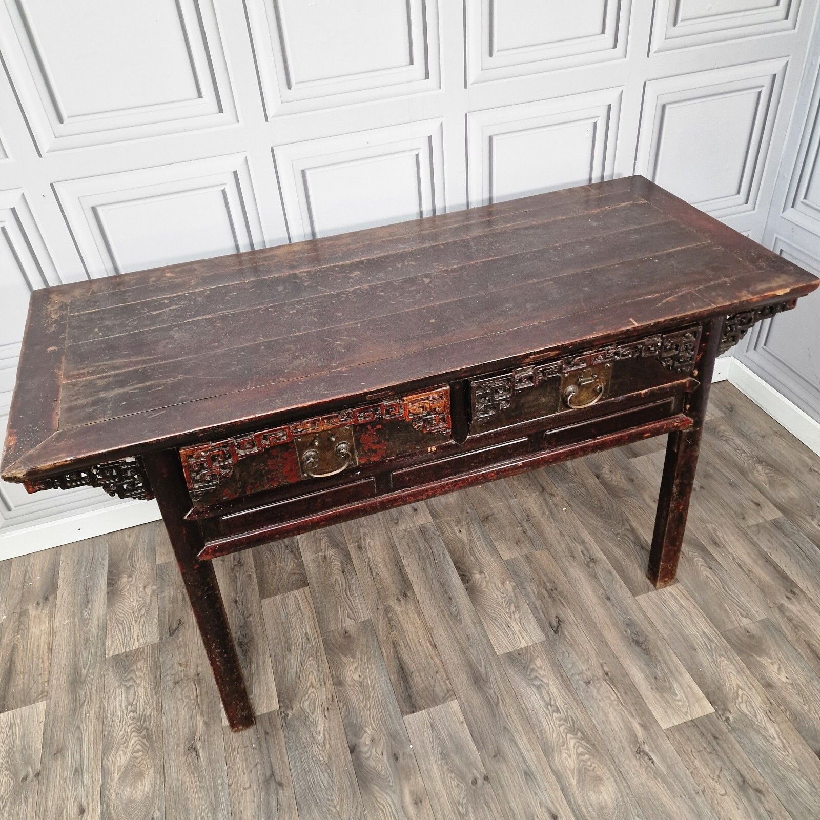 Oriental Antique Altar Table 19th Century Solid Wooden Chinese  Bench Carved photo vintage