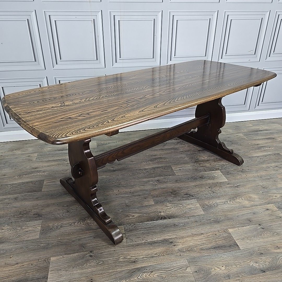 Ercol Refectory Dining Table 6ft Solid Elm Top & Beech Base – Farmhouse