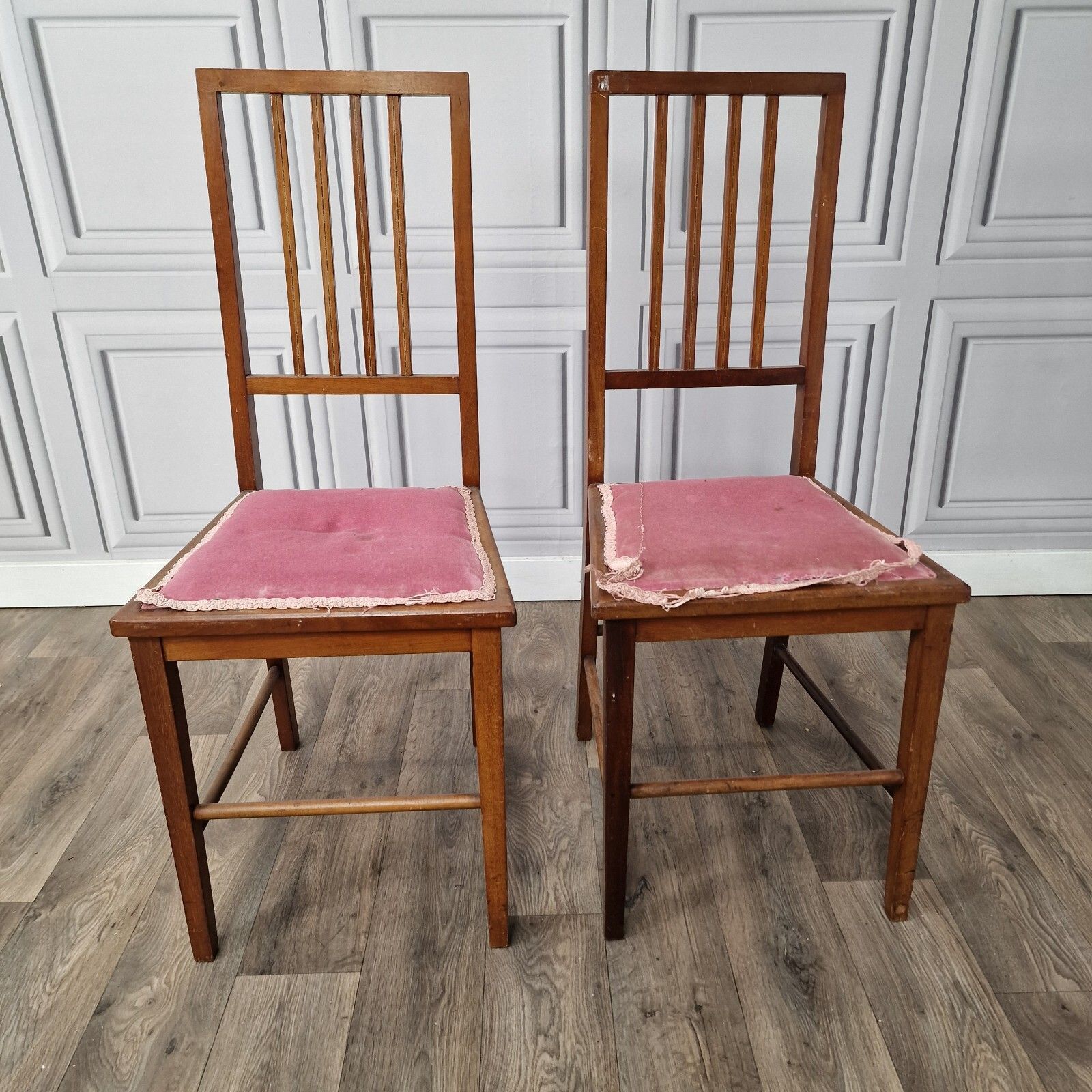 Pair X2 Antique Chairs Edwardian Wooden Slat Back  Upholstered Bedroom photo for sale